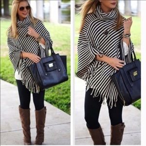 Cowl Fringe Poncho Black White Stripe